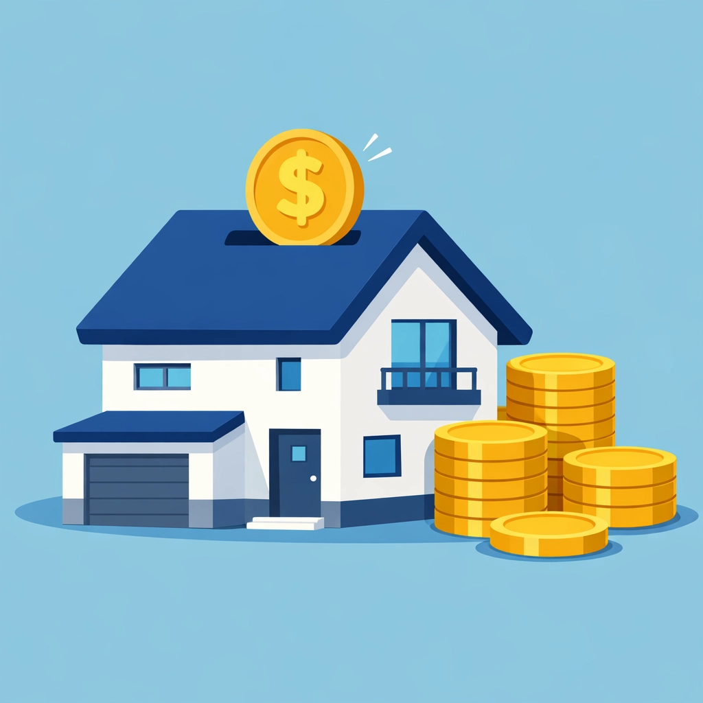 Alcancía en forma de vivienda con monedas para el ahorro del pago inicial de una casa en USA.