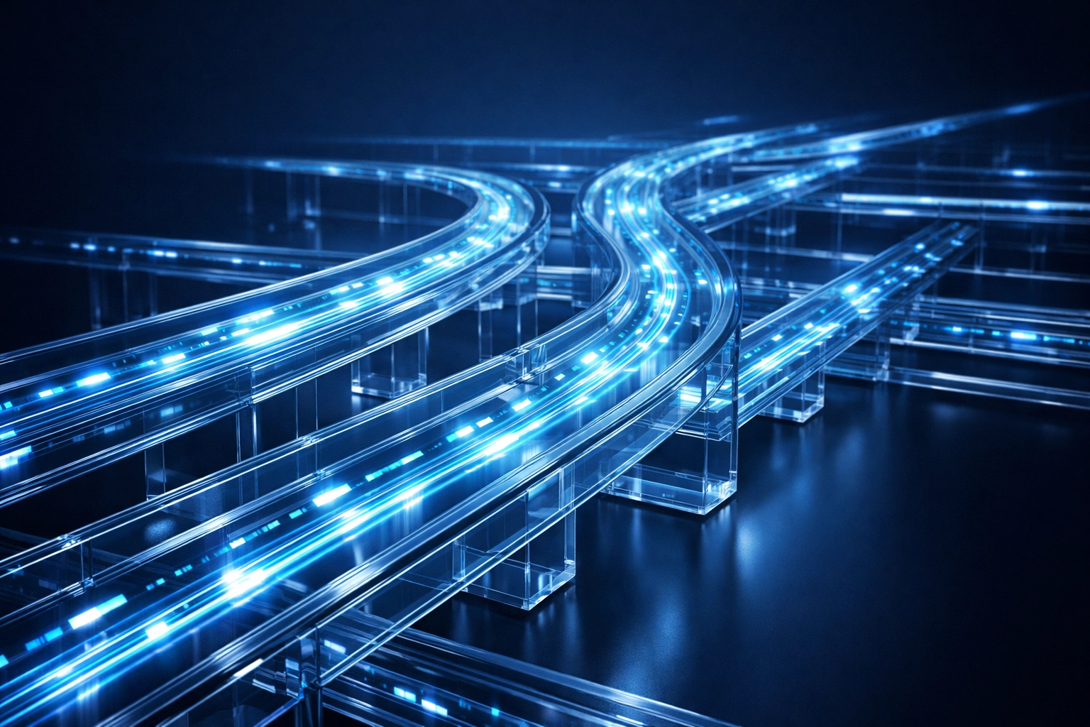 Digital data flowing through conduits representing clear visibility and KPIs in AI workflow automation.