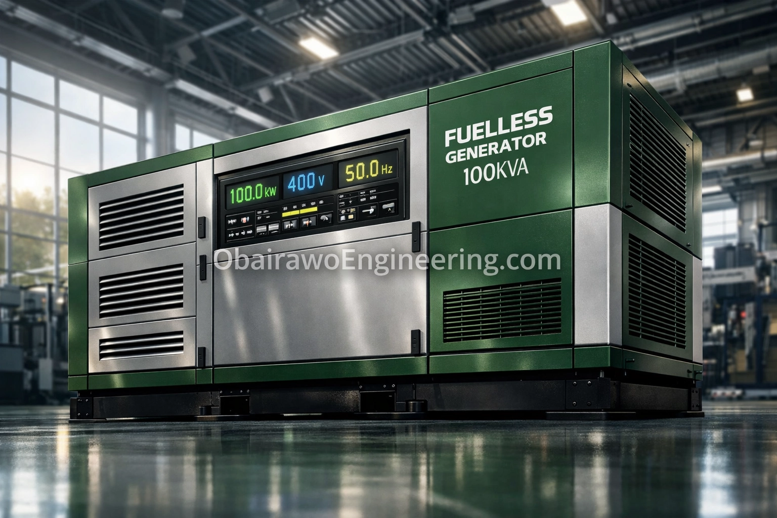Industrial 100KVA fuelless generator providing sustainable power for factories and large businesses in Nigeria.