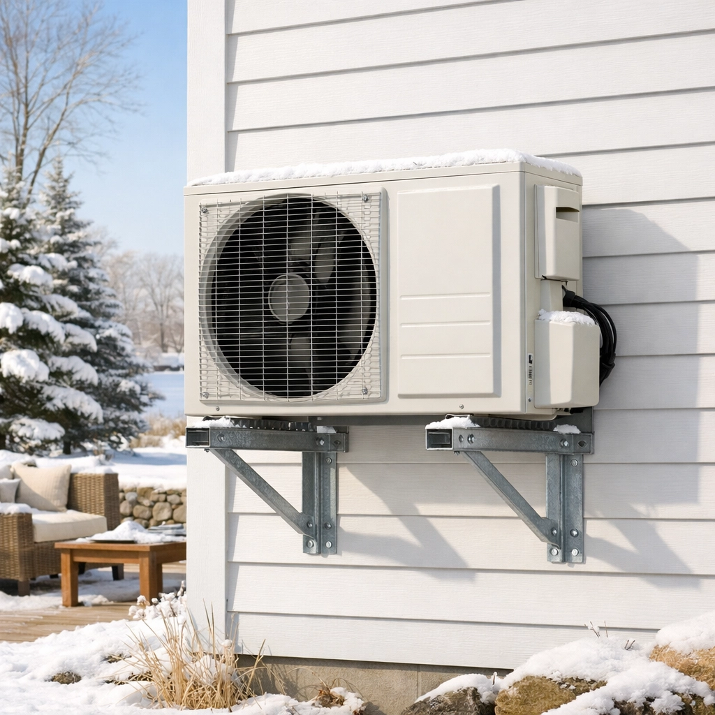 Outdoor mini-split condenser unit mounted on a Southern Maine home during a snowy winter.