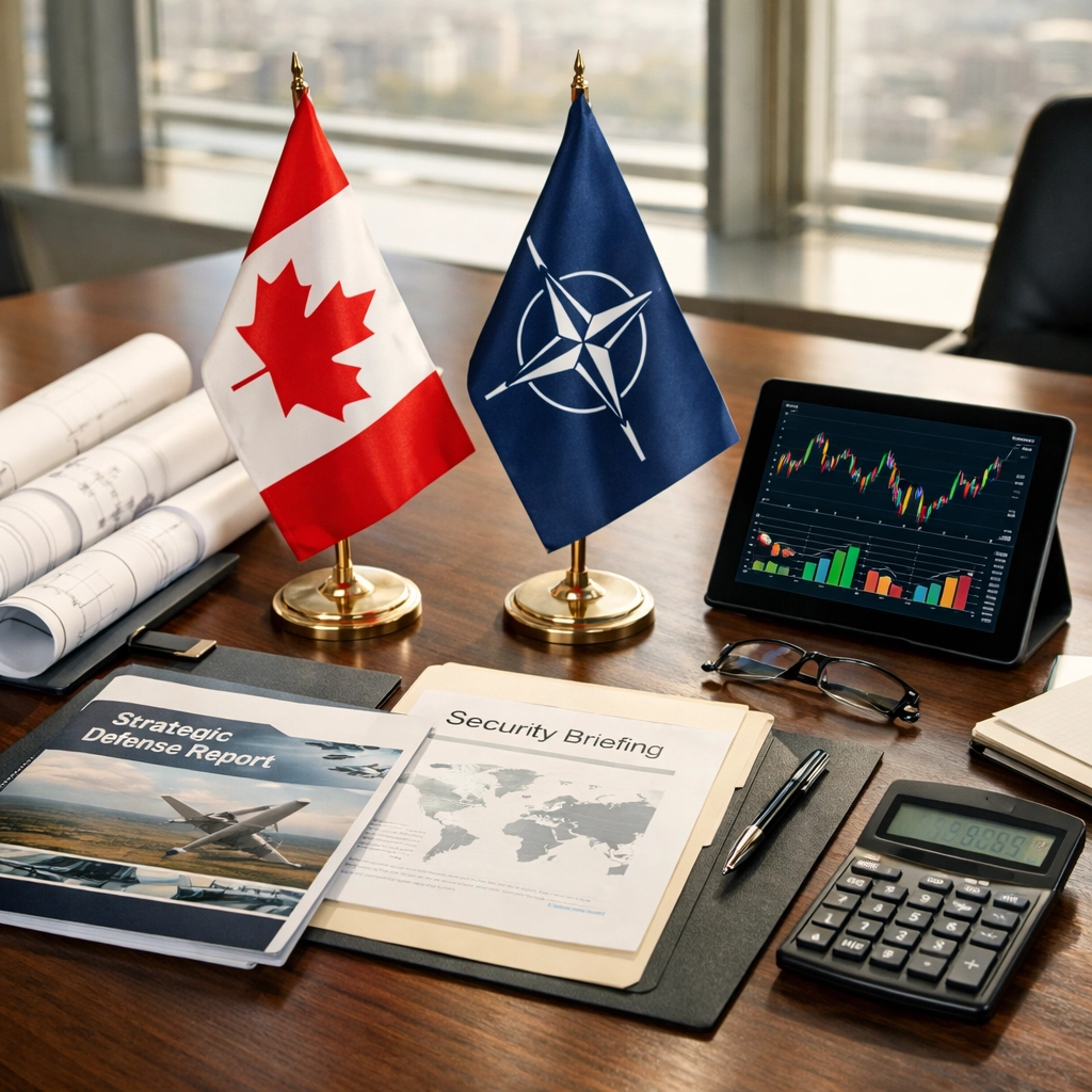 Strategic defence planning meeting with Canadian flags and financial documents for procurement analysis