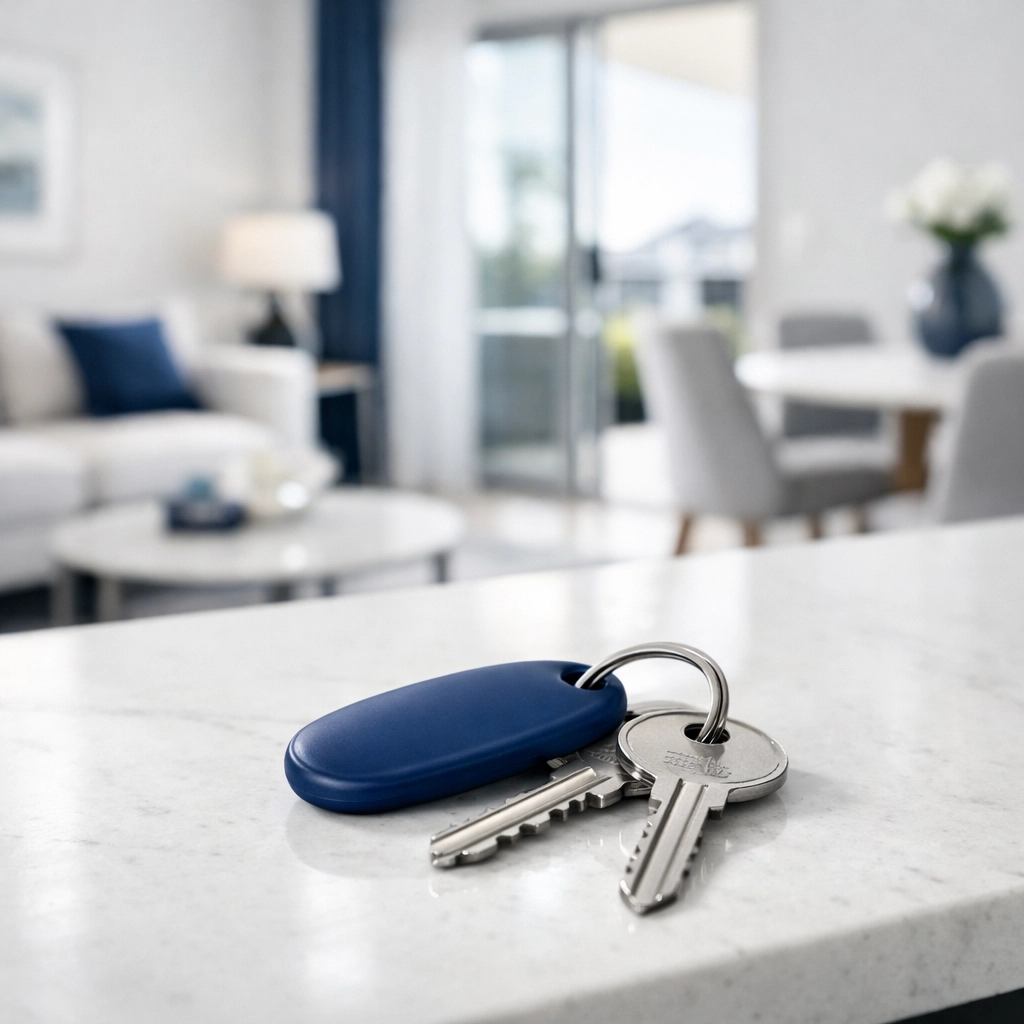 Modern house keys on a counter representing an SMSF property ready for immediate rental income.