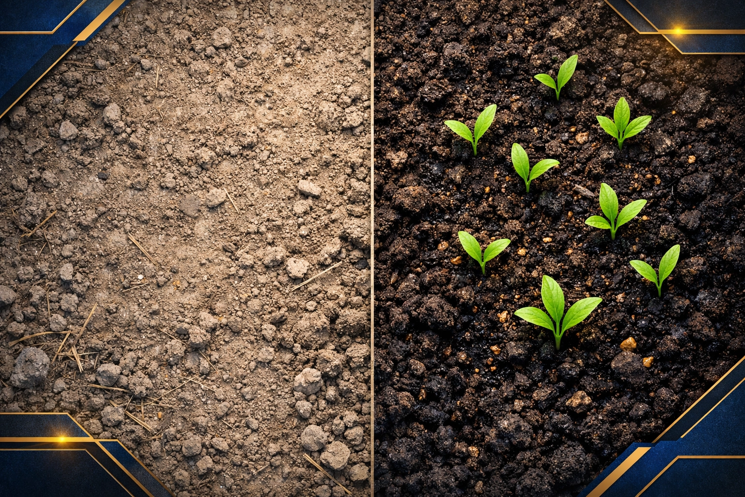 Mineral-depleted soil versus mineral-rich soil showing modern agricultural nutrient depletion