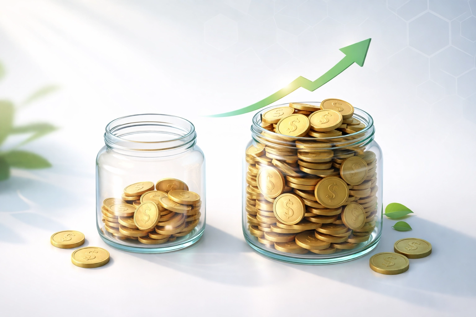 Two jars filled with gold coins, one fuller than the other with an upward arrow, representing tax-efficient investment growth from daily tax-loss harvesting.