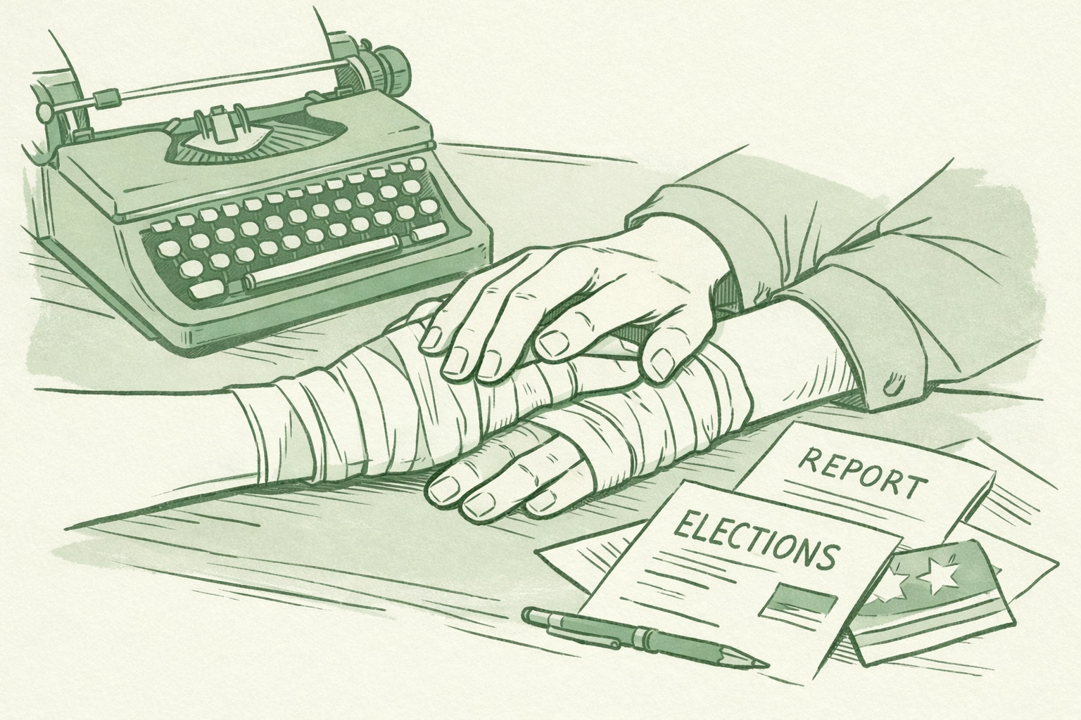 Broken hands and typewriter symbolizing silenced truth in political thriller