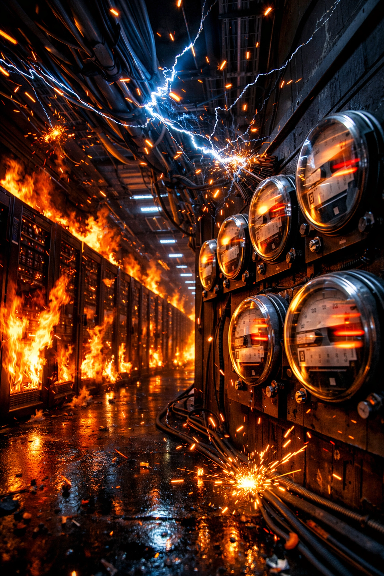 Data center servers on fire illustrating skyrocketing AI infrastructure costs and energy consumption