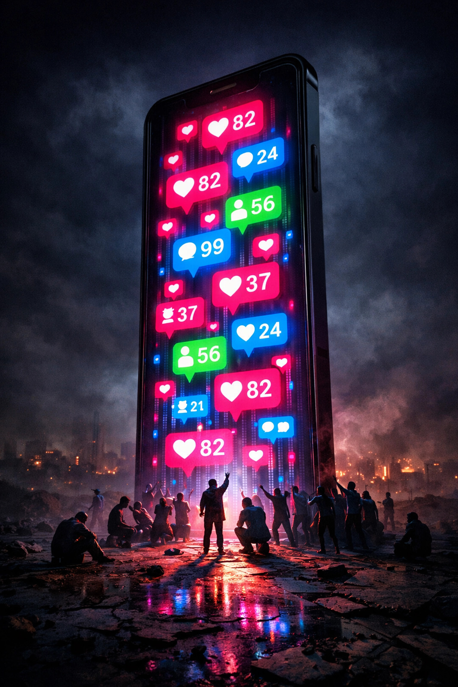 Giant smartphone dominating small figures representing technology's overwhelming influence on youth