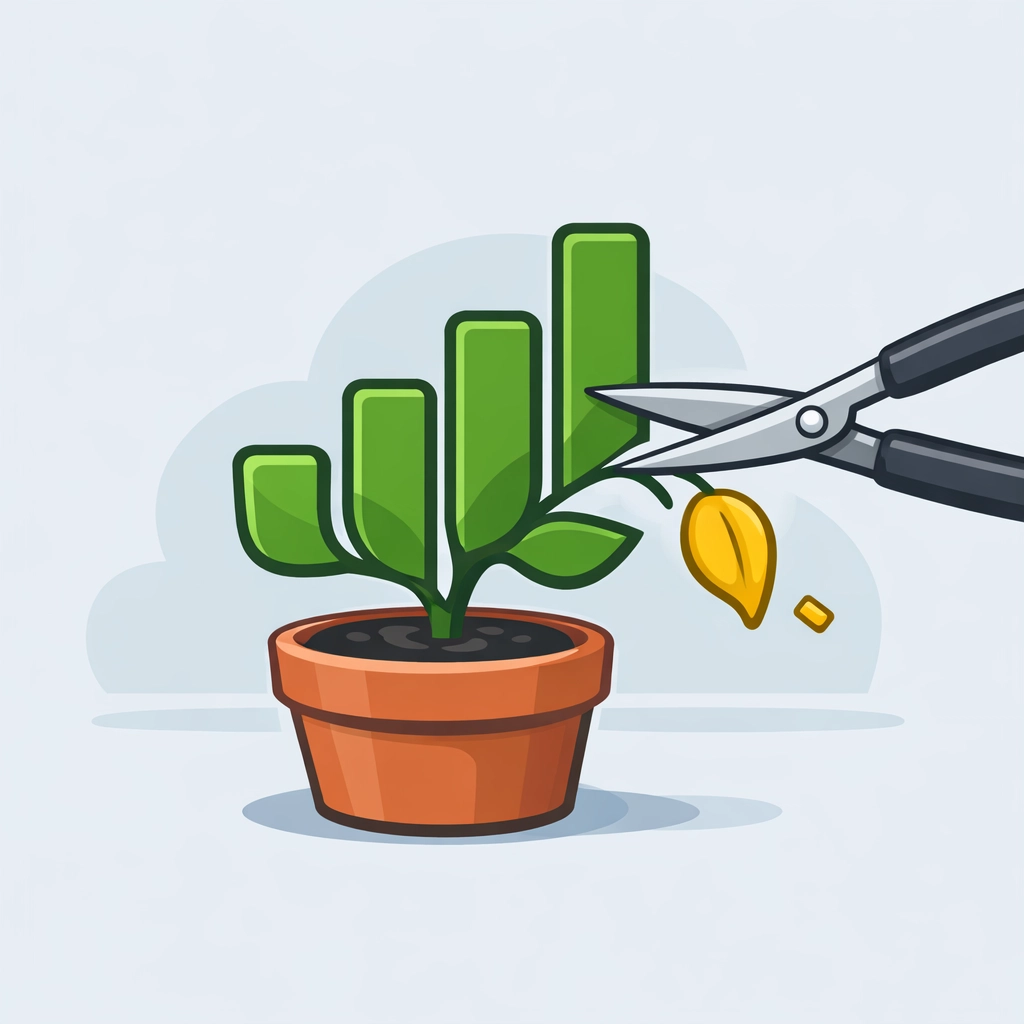 Tax-loss harvesting illustration showing a plant being pruned to maximize tax refund and manage capital gains.