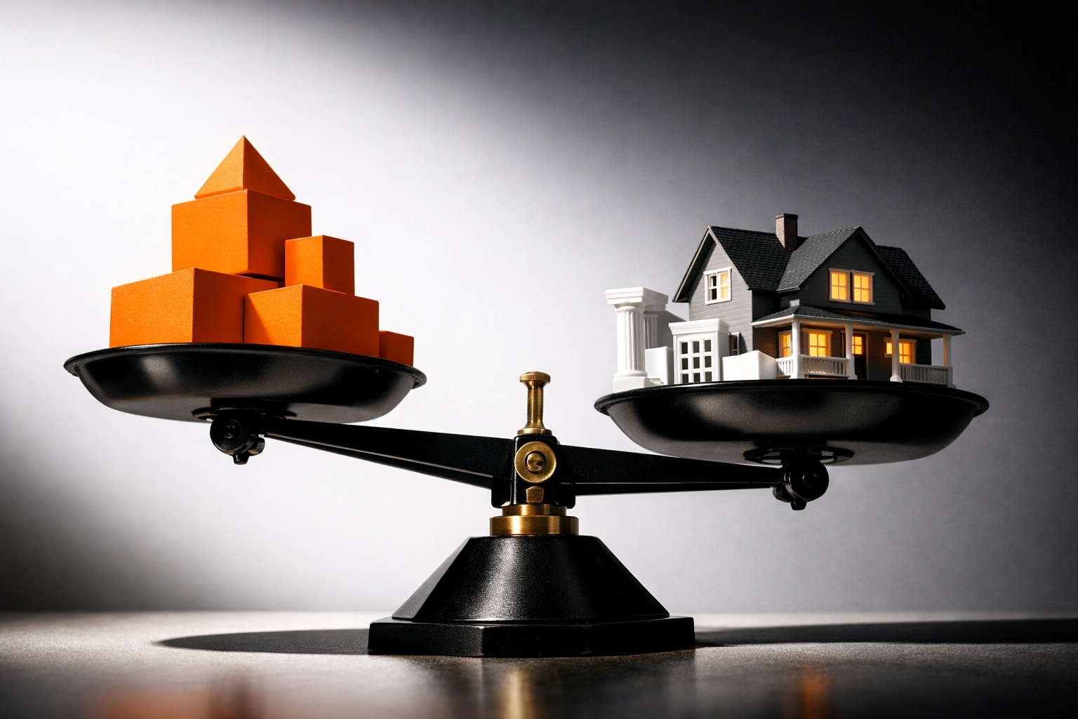 House model on balance scale representing mortgage capital requirements versus risk assessment