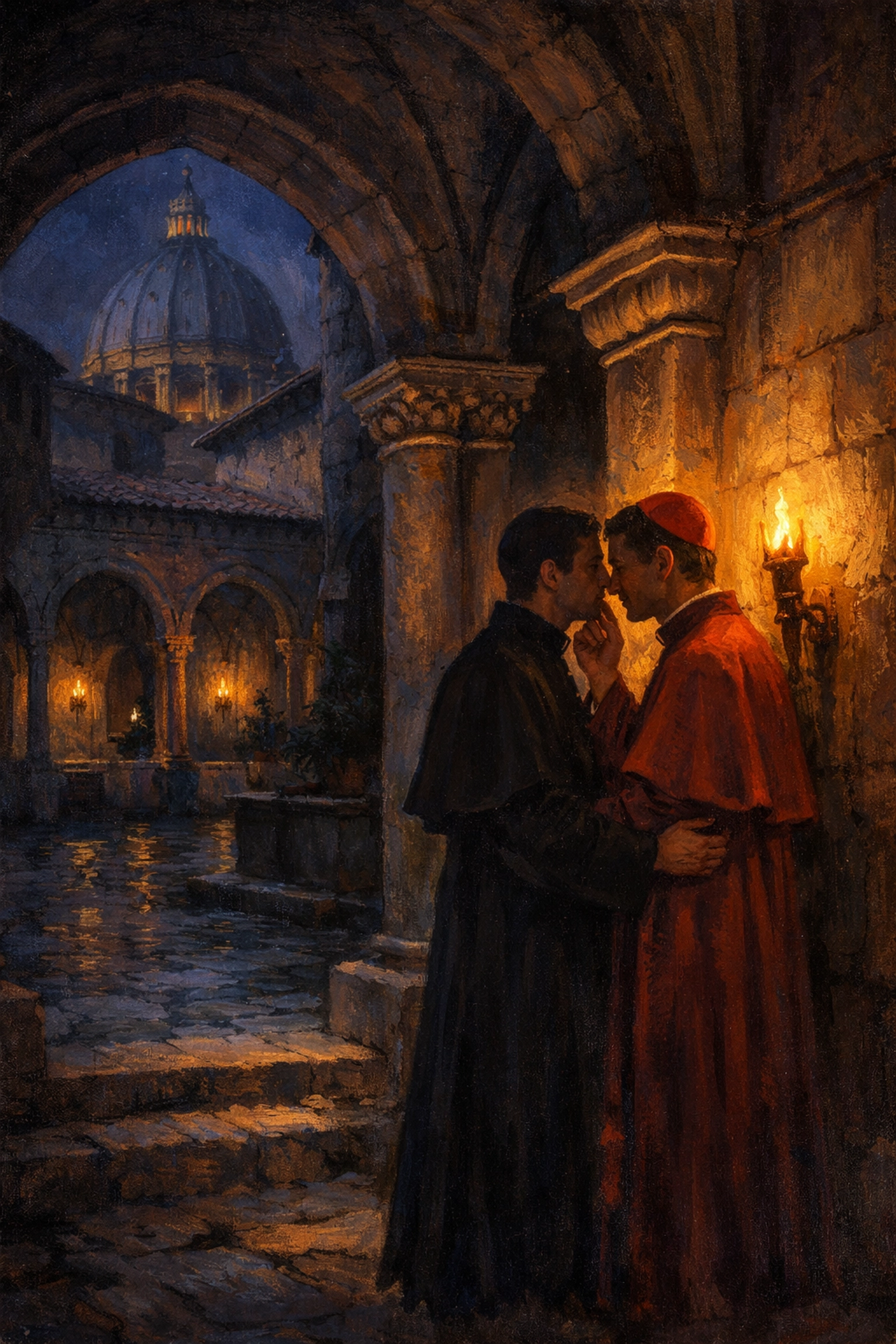 Medieval Vatican courtyard scene depicting secret gay romance rumors during Benedict IX papacy