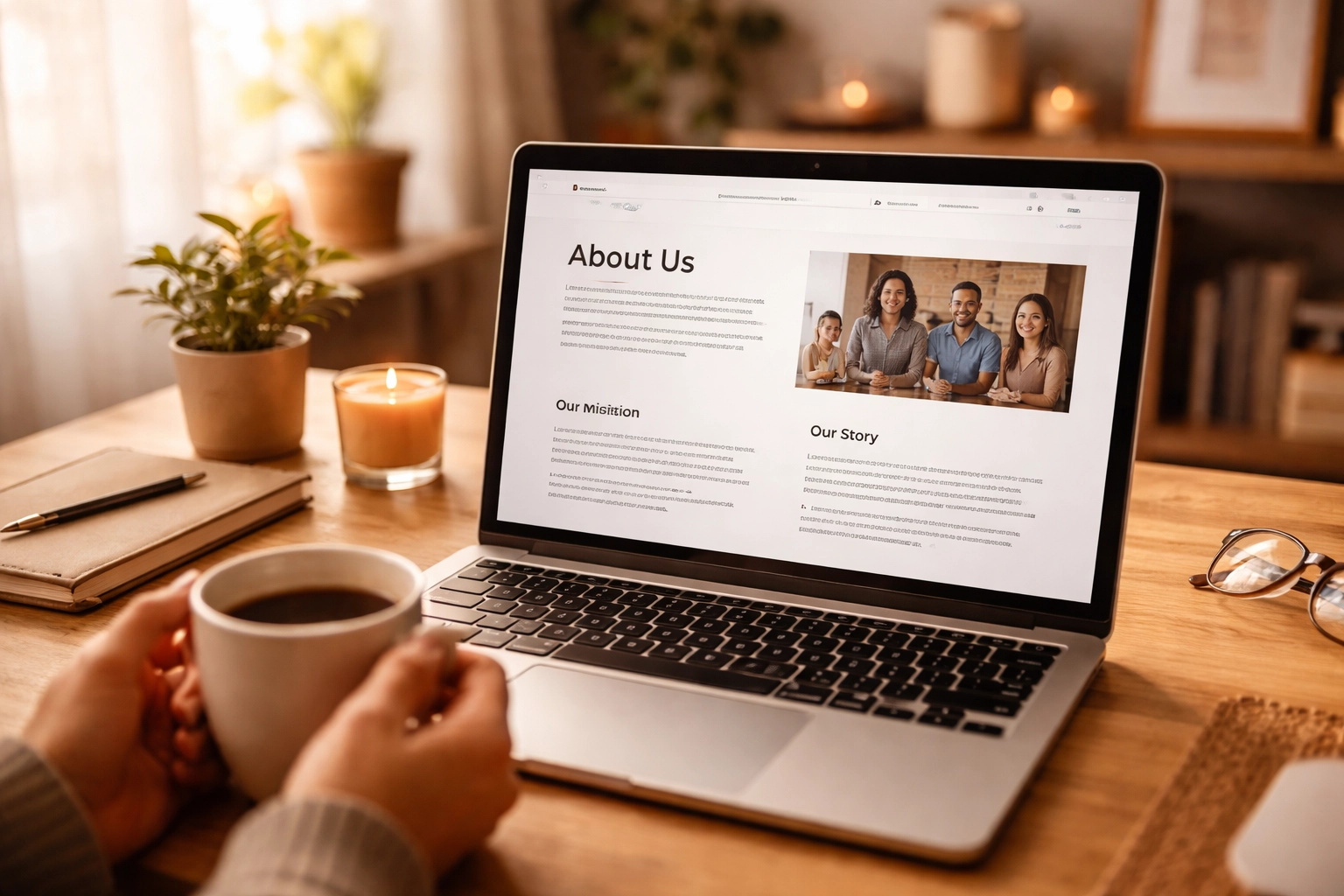 Laptop showing an About page on an inclusive business website, researching LGBTQ friendly businesses.