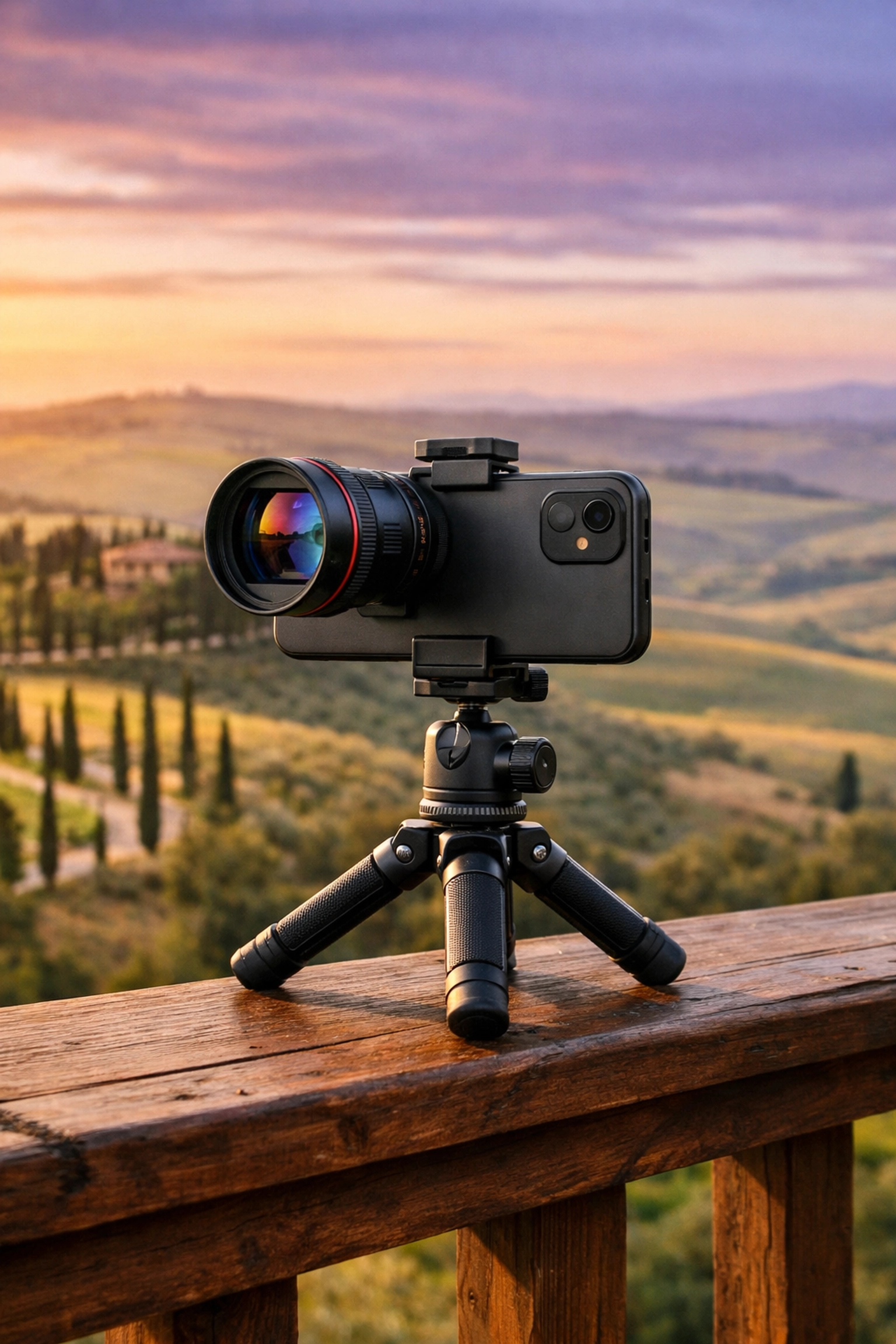 Professional mobile photography setup in Tuscany, highlighting modern travel photography trends and gear.