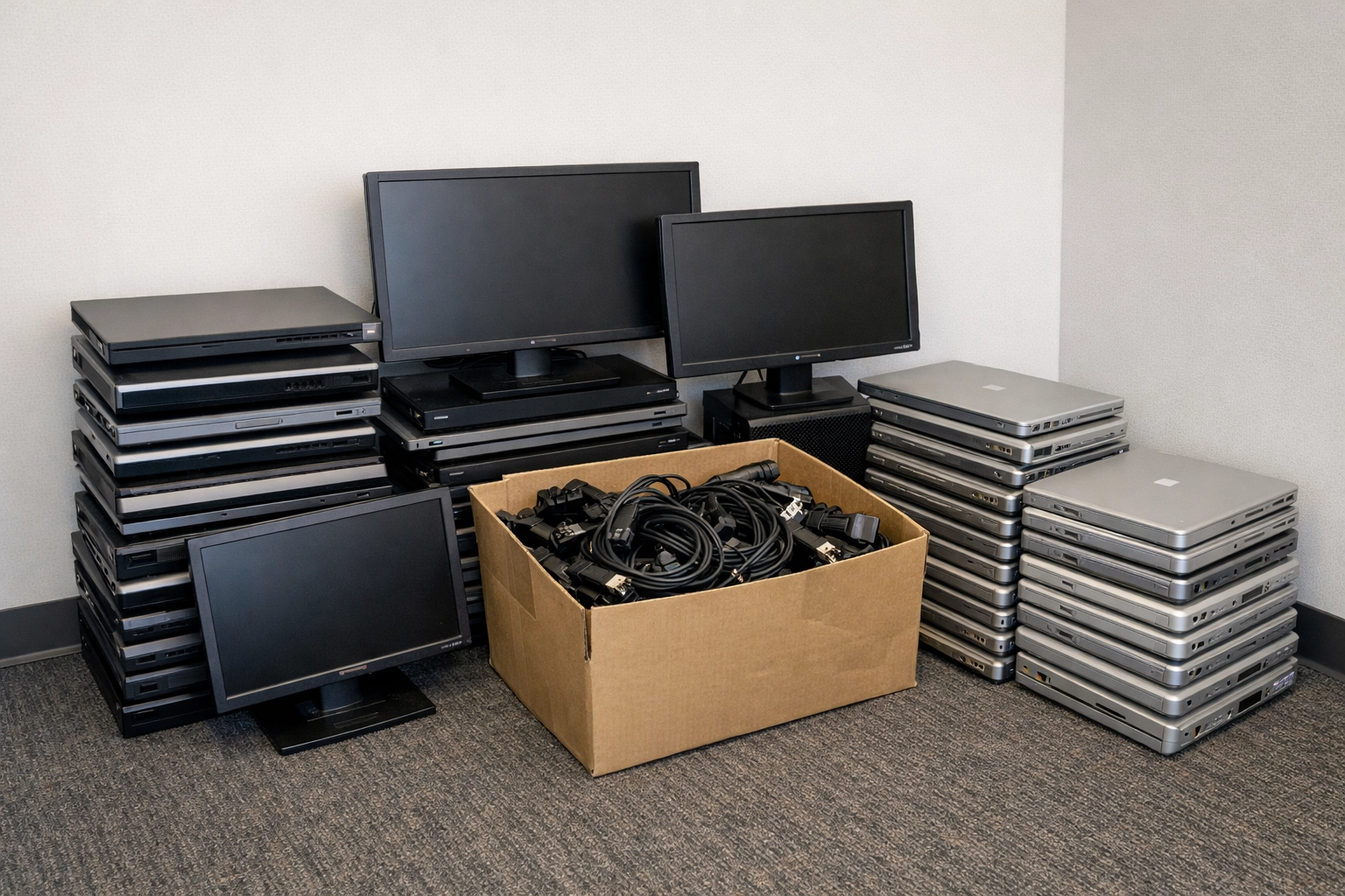 Organized business e-waste including monitors and laptops ready for recycling collection.
