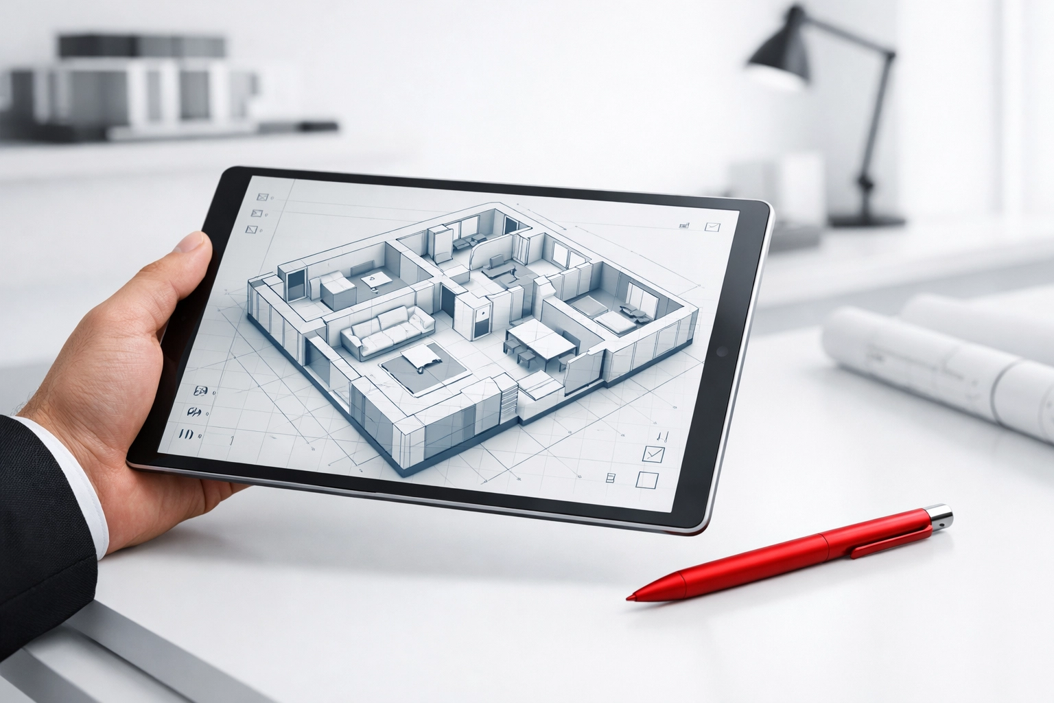 Tablette affichant un plan de maison 3D pour une transaction immobilière à Québec.