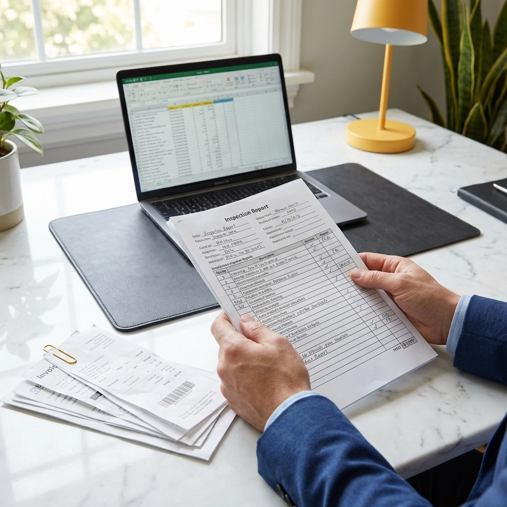 Property manager reviewing detailed inspection report with receipts and invoices, emphasising proper documentation for deposit deductions.