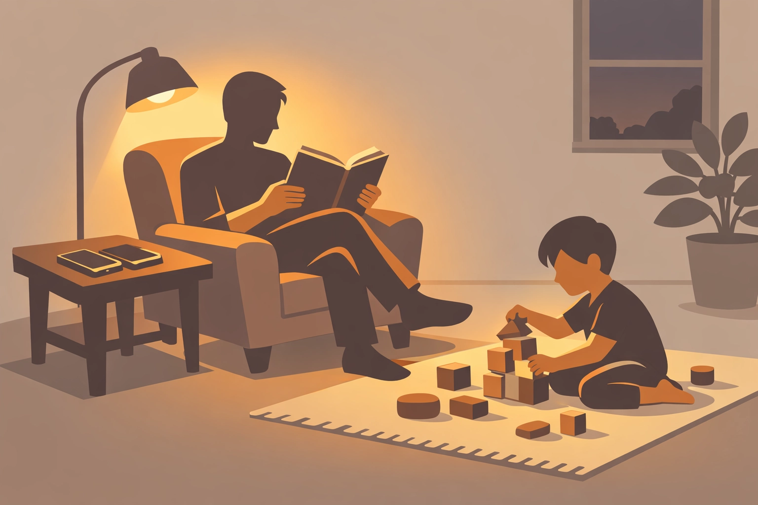 Parent modeling screen-free time reading while child plays without devices