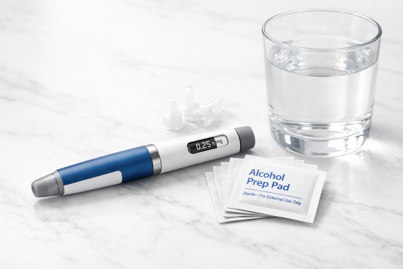 Professional medical weight loss supply kit including a semaglutide pen and preparation supplies.