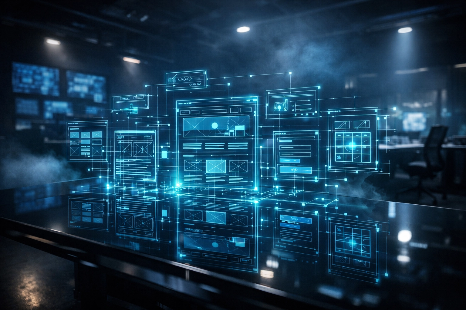 Futuristic website architecture blueprints illustrating strategic planning for professional website redesign services.