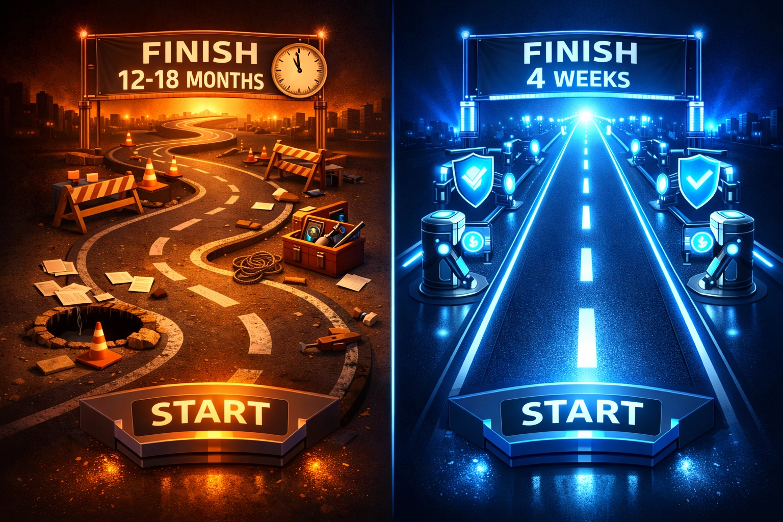 CMMC compliance timeline comparison: traditional 12-18 month MSP path vs 4-week CPE Level 2 deployment