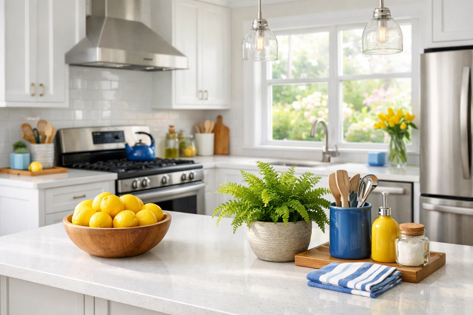 Eco-friendly deep cleaning in a bright Norfolk kitchen with spotless white cabinets and stainless steel.