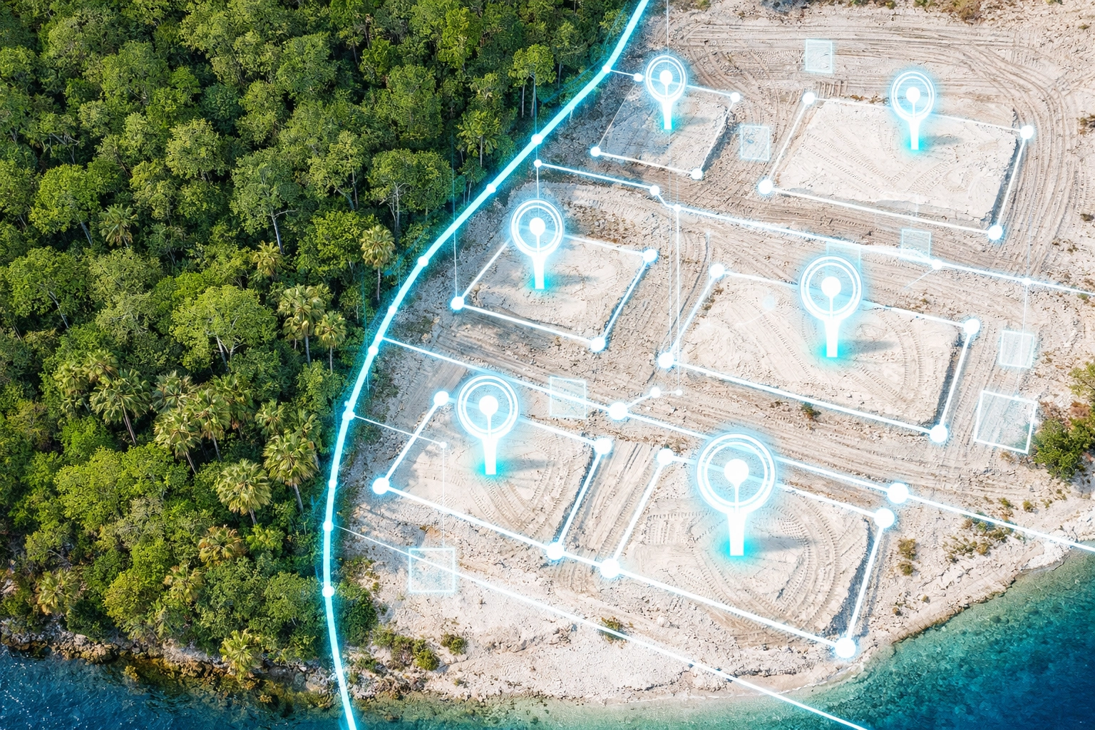 Drone mapping data points and site boundaries captured for land development planning and documentation.