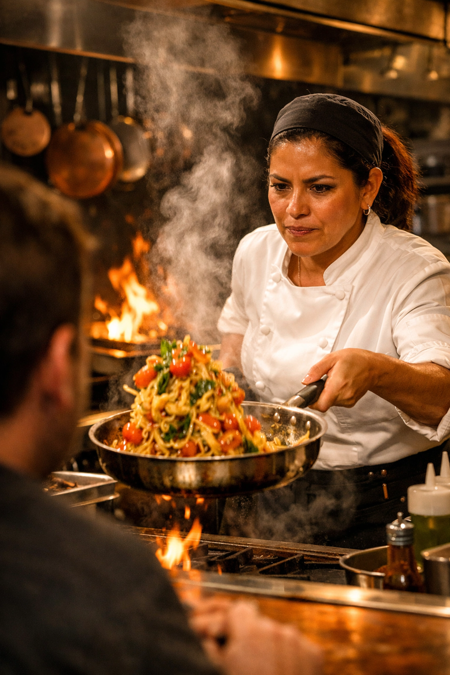 An executive chef cooking in an open kitchen, showcasing restaurant theater and artisan food preparation.