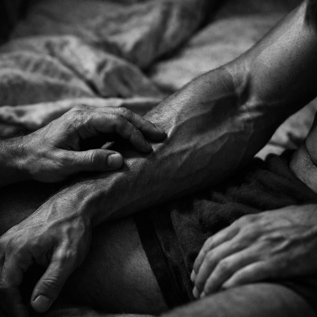 Close-up of a gay couple's hands tracing muscles, highlighting emotional depth and physical connection.