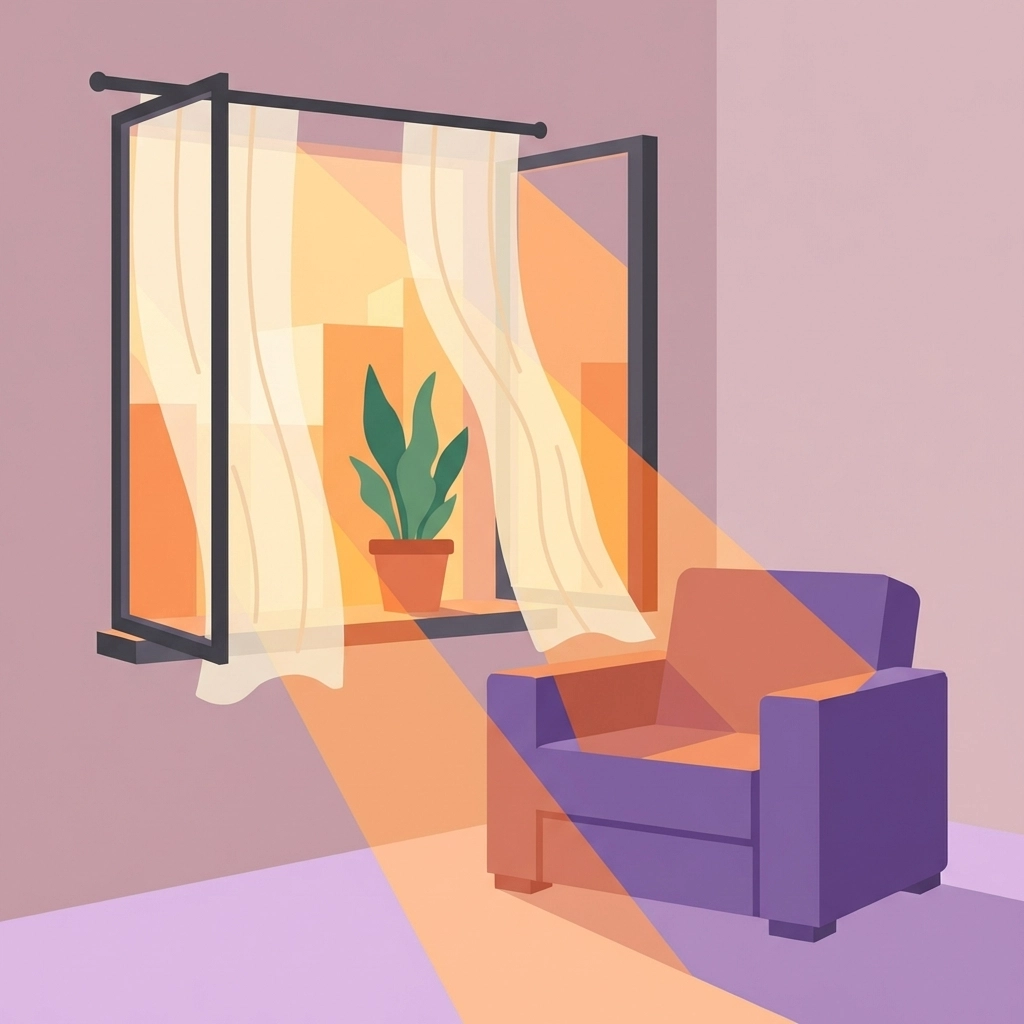 Minimal flat art of sunlight through an open window onto a chair, evoking a fresh start and new beginnings.