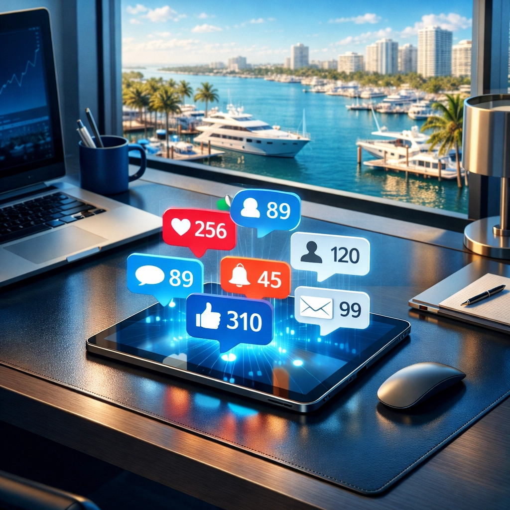 Modern office desk with digital notifications and a Florida marina view showing buyer interest.