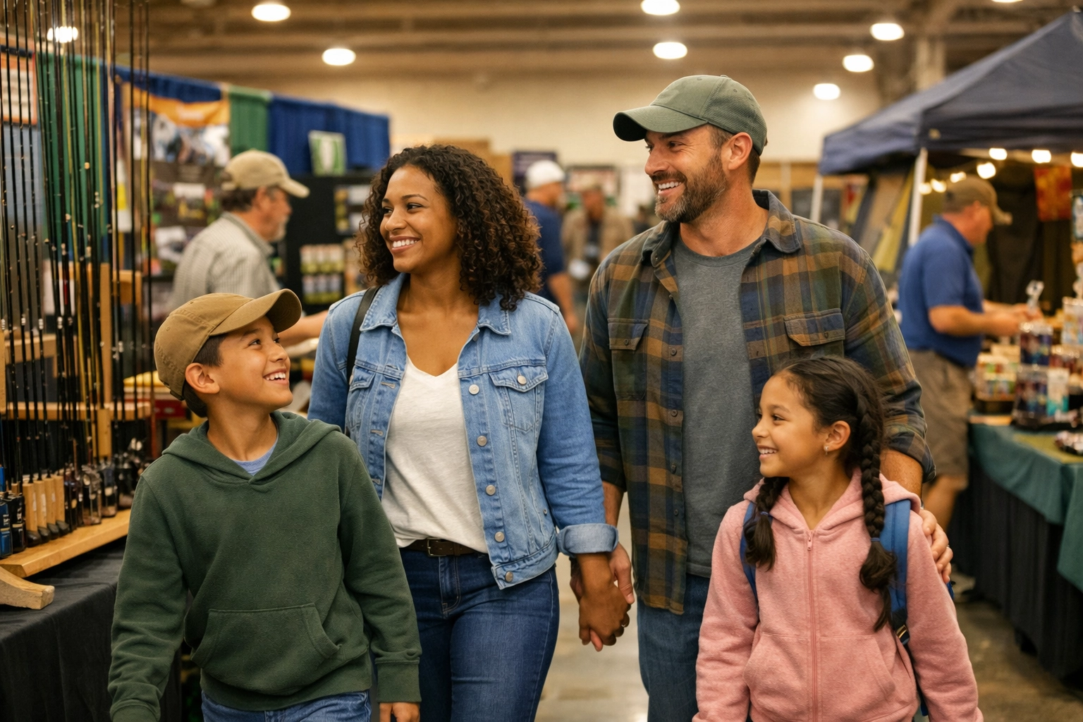 Family browsing vendor booths at the Western Idaho Fly Fishing Expo in Garden City Family browsing vendor booths at the Western Idaho Fly Fishing Expo in Garden City