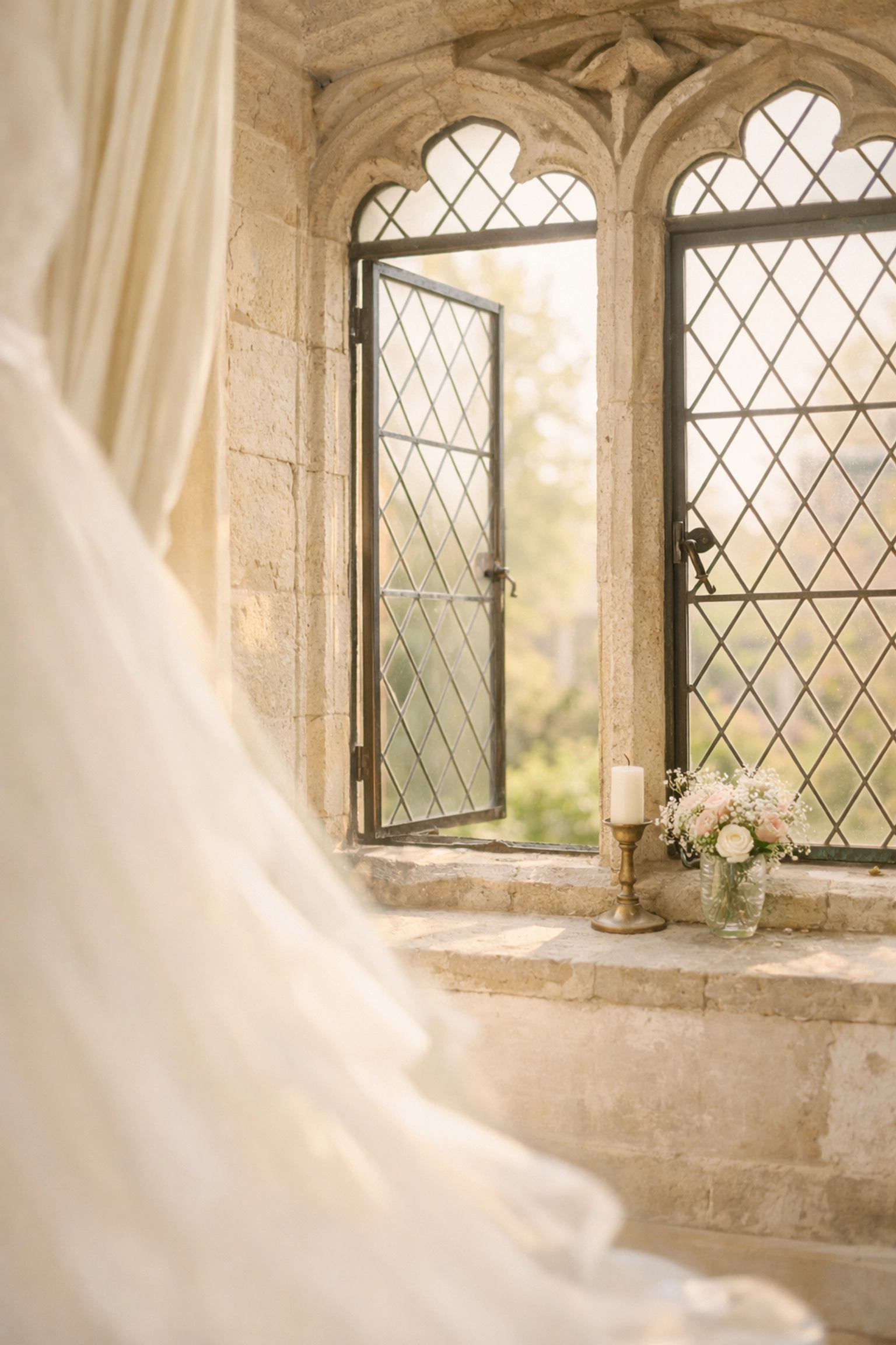 Luxury bridal gown displayed at The Old Deanery historic wedding venue in Ripon.