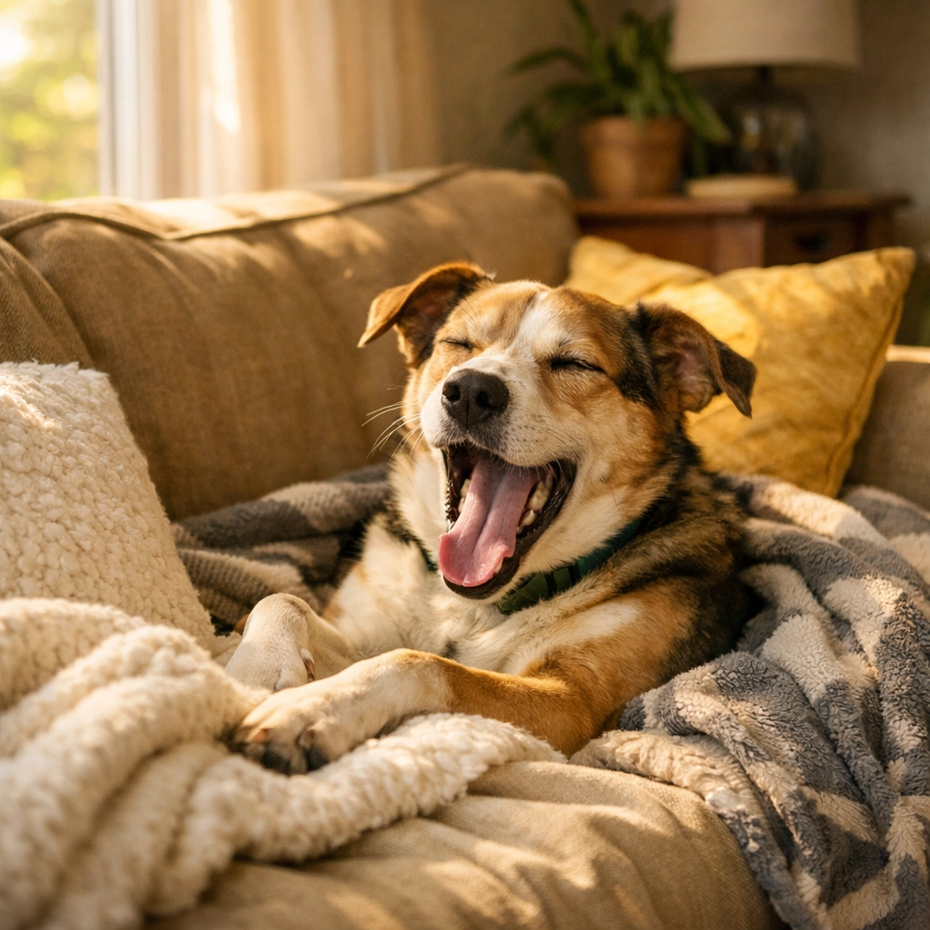 A person working from home on a laptop with a foster dog resting peacefully on a bed nearby.