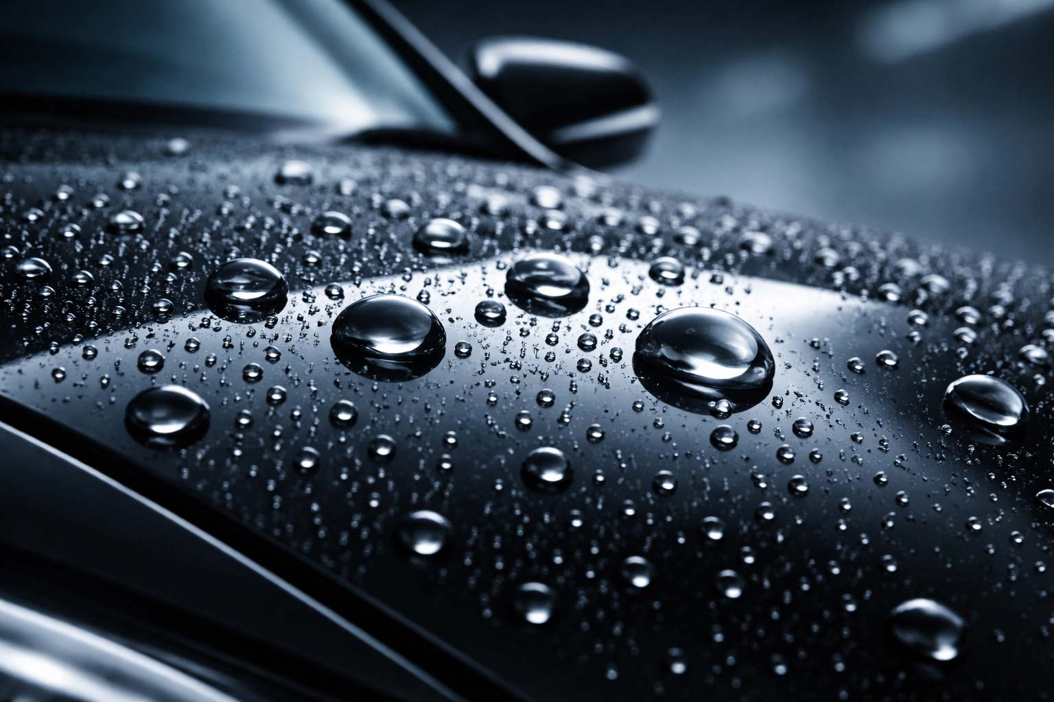 Water droplets beading on a glossy black car bonnet showing hydrophobic ceramic coating effect for car paint protection