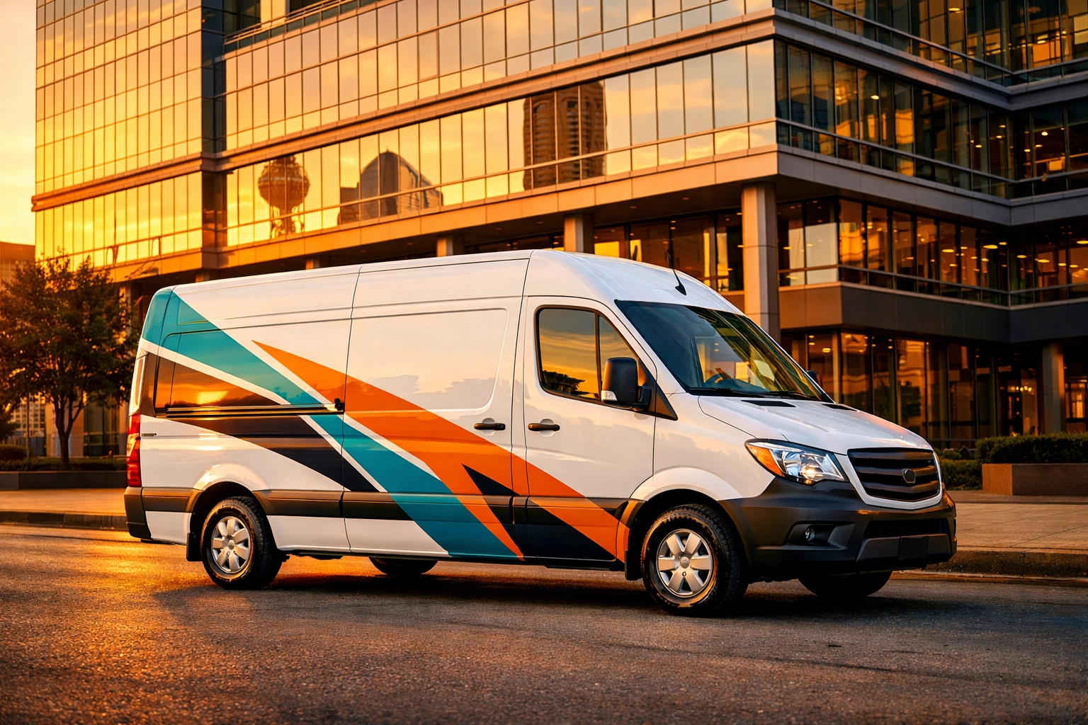 A commercial van with a professional partial vehicle decal wrap in downtown Dallas.