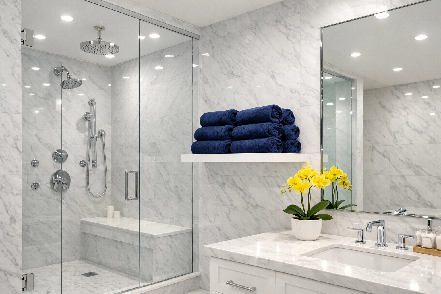 Sanitized master bathroom with marble walls after a detailed deep cleaning in Wellesley MA.