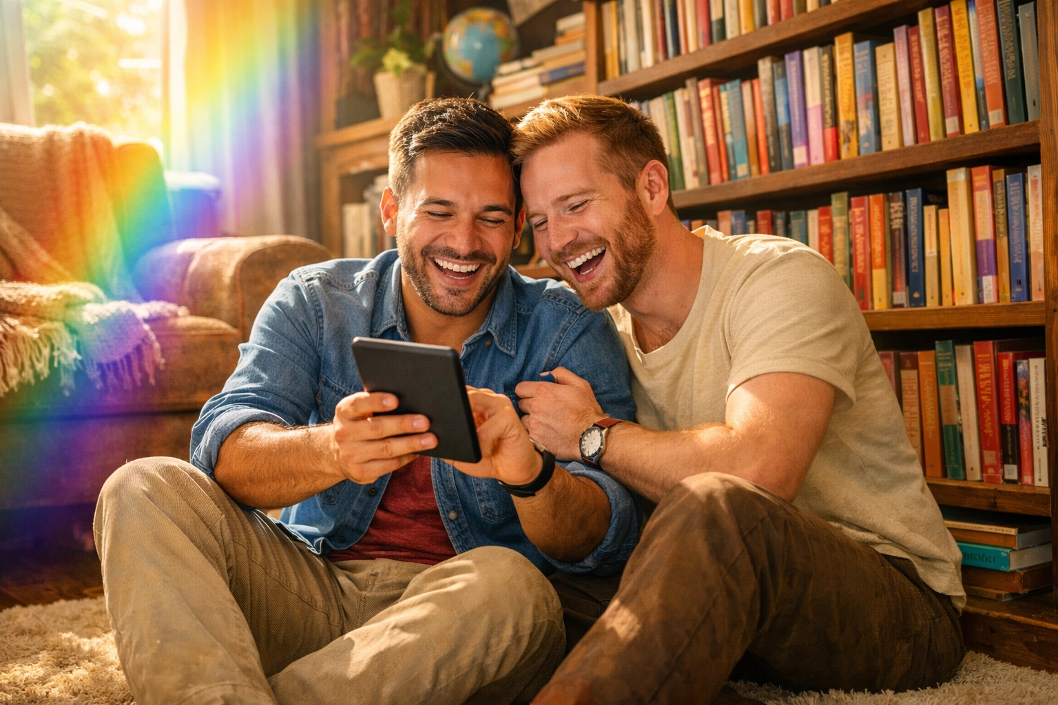 A gay couple enjoying an e-book in a library, representing the vibrant community of gay literature.