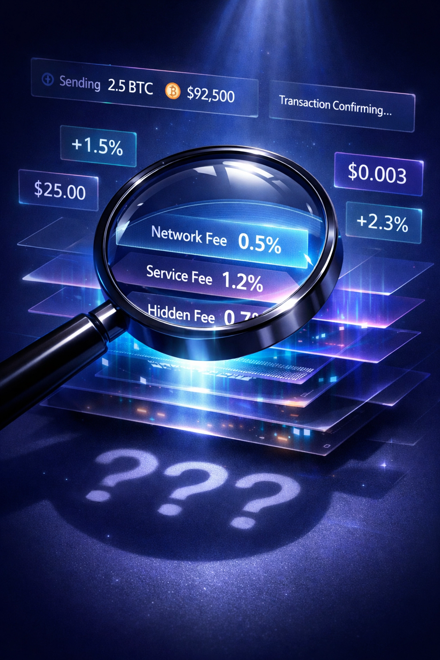 Magnifying glass revealing hidden crypto payment fees and transaction costs beneath the surface