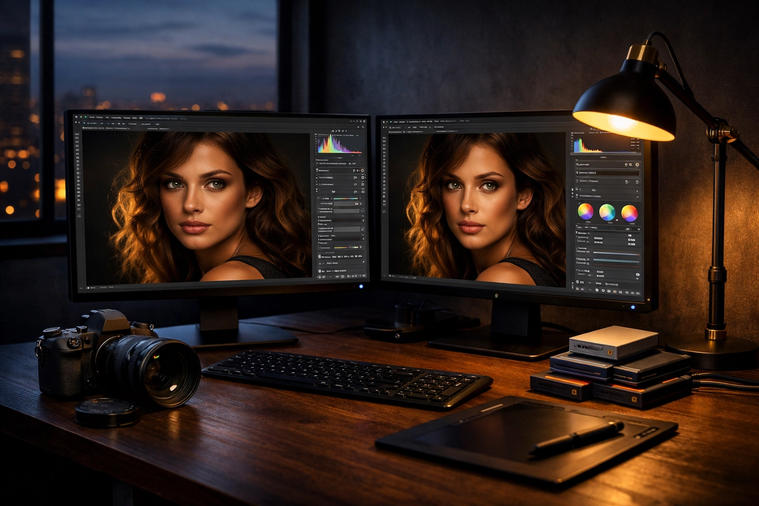 Professional photography editing workspace with high-resolution monitors and camera gear.
