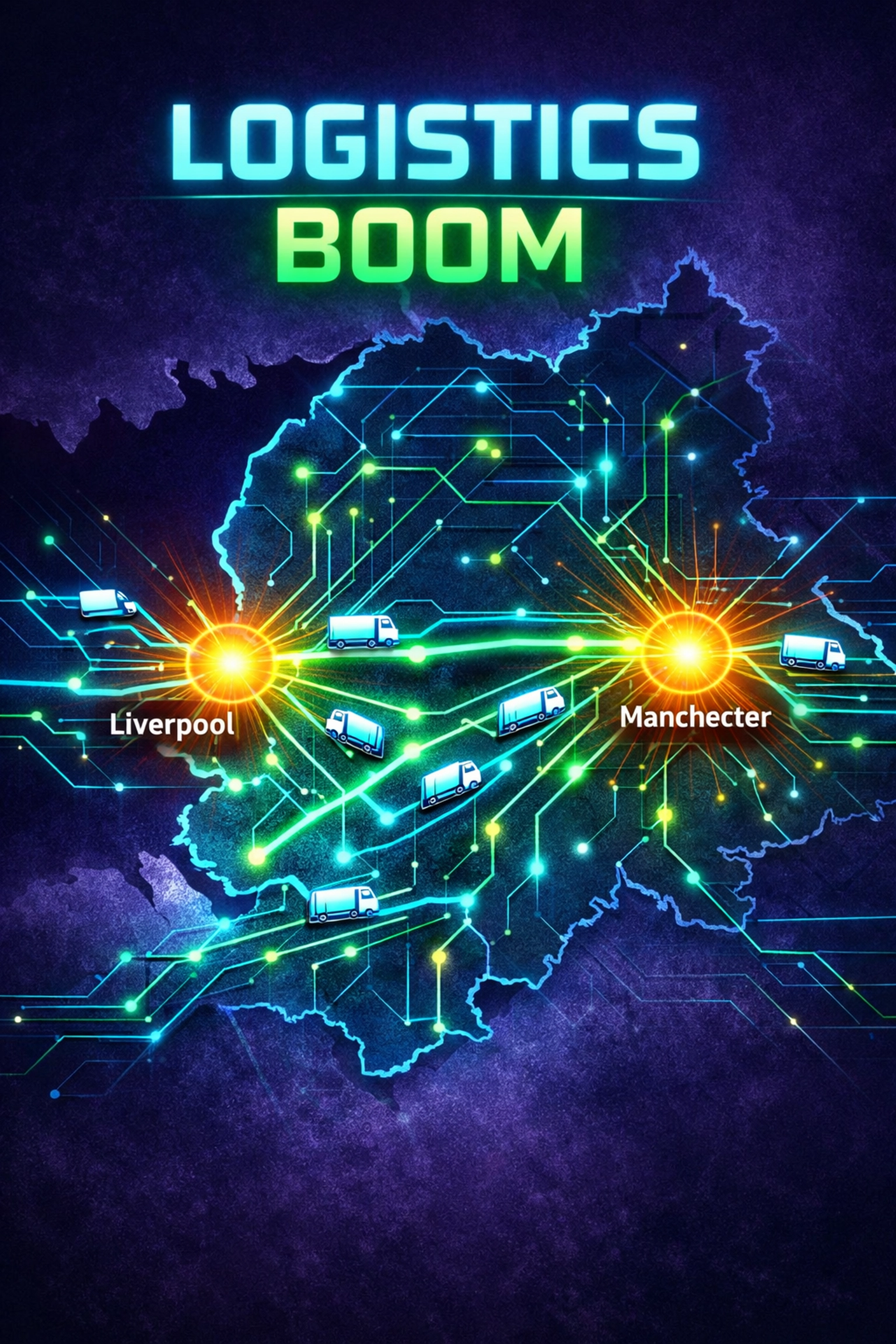 Logistics network map showing the boom in driver jobs across Liverpool and Manchester transport hubs.