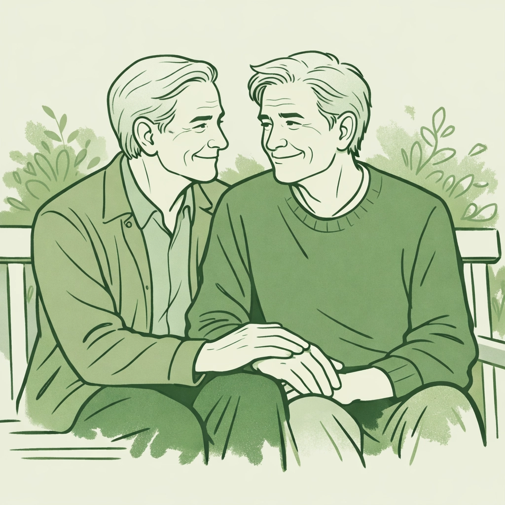 Hand-drawn illustration of two older men on a garden bench, reflecting an emotional late-in-life gay romance.