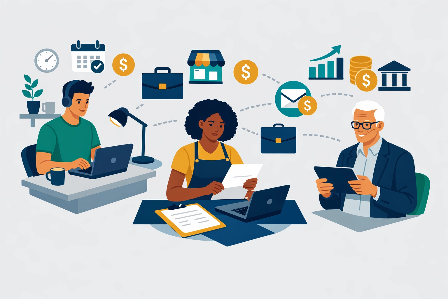 Self-employed professionals and freelancers managing multiple income streams for estimated taxes