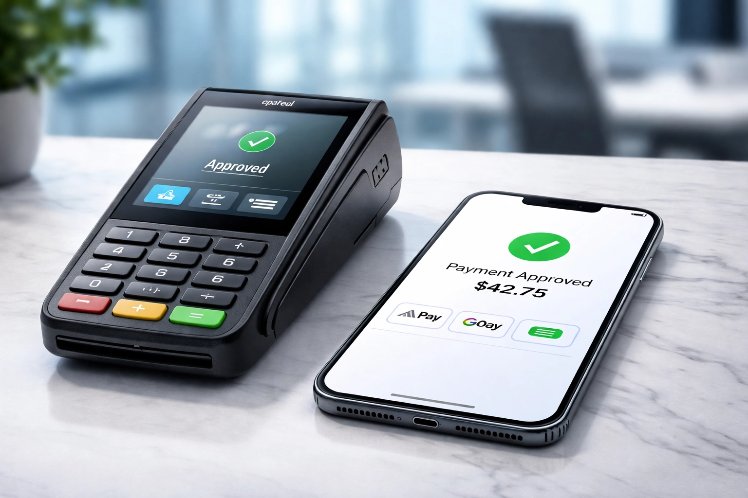 Digital payment terminal and smartphone confirming a successful transaction for debt collection payment options