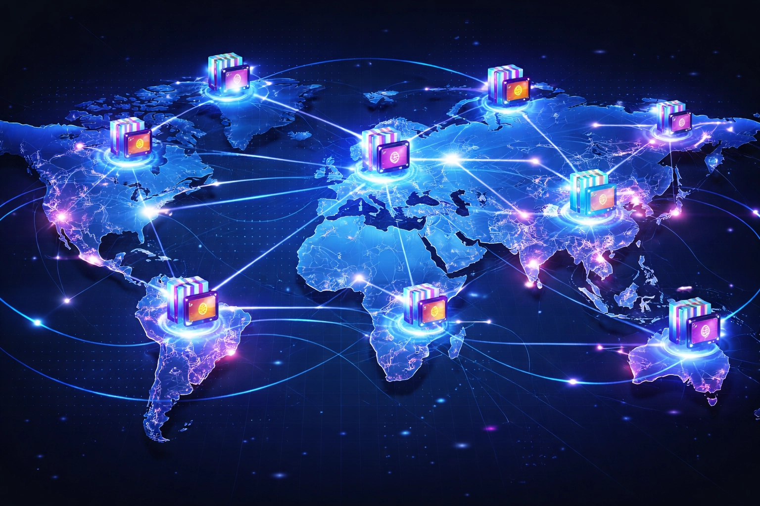 A connected world map with merchant nodes highlights global reach and borderless Web3 payments for merchants.