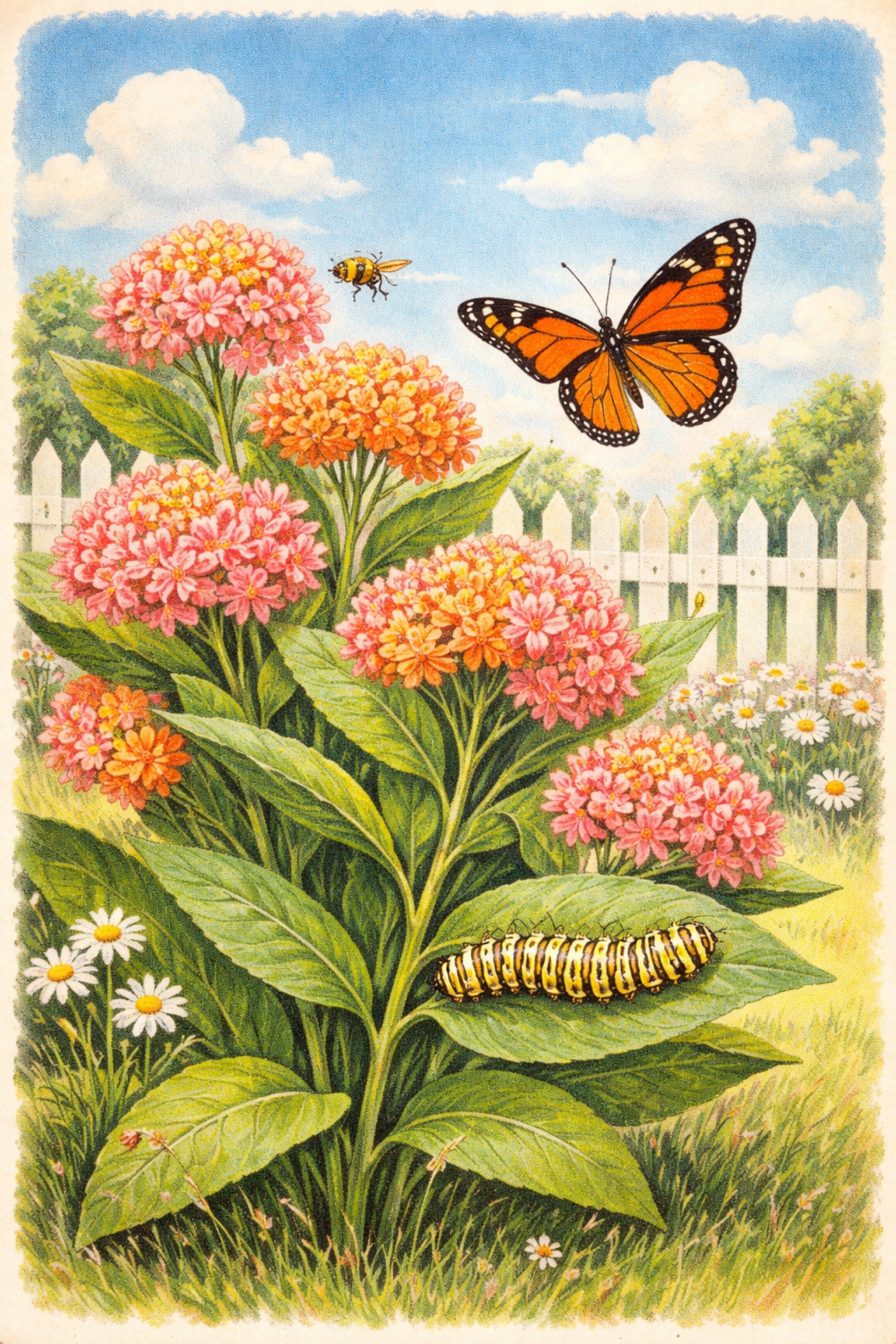 Monarch butterfly and caterpillar with blooming milkweed flowers in a cheerful backyard pollinator garden.