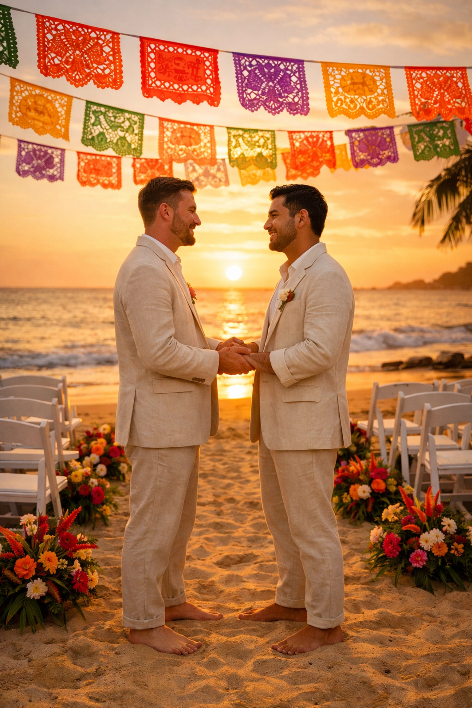 Two grooms exchanging vows at sunset beach wedding in Puerto Vallarta Mexico