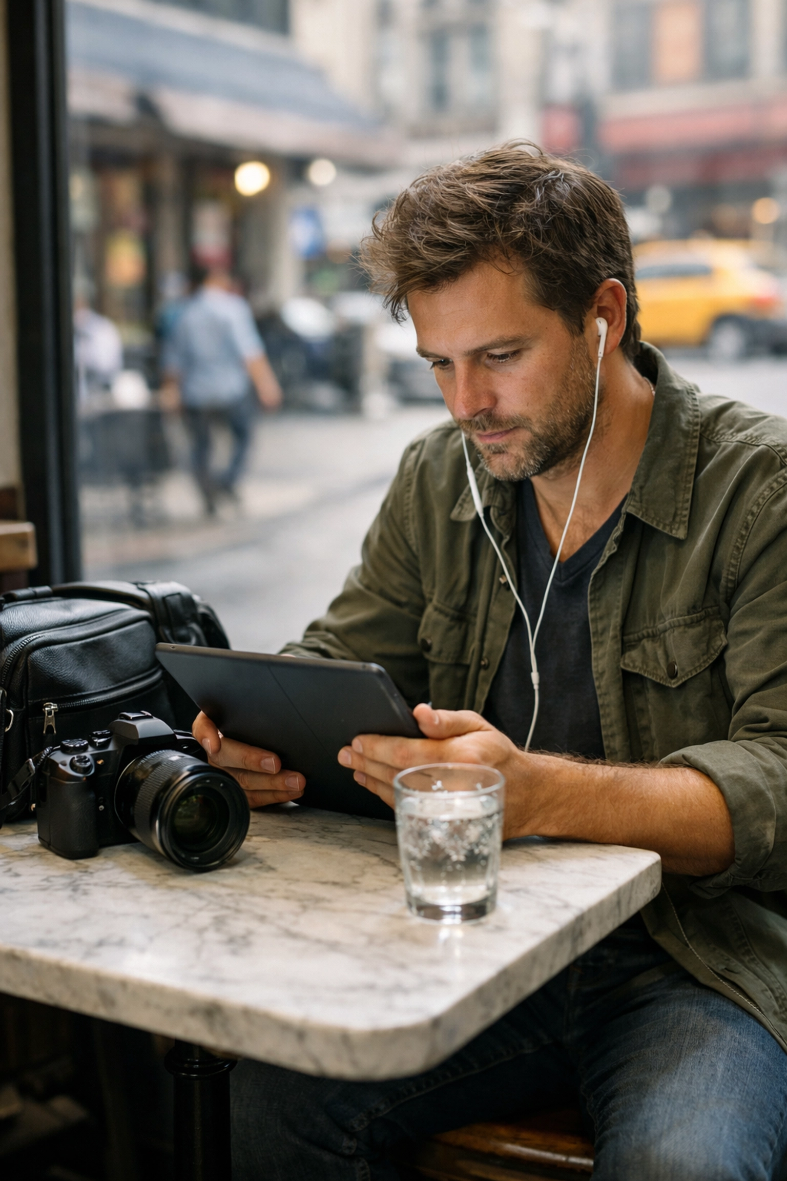 Photographer working remotely in an urban cafe, securing jobs for photographers on a tablet.