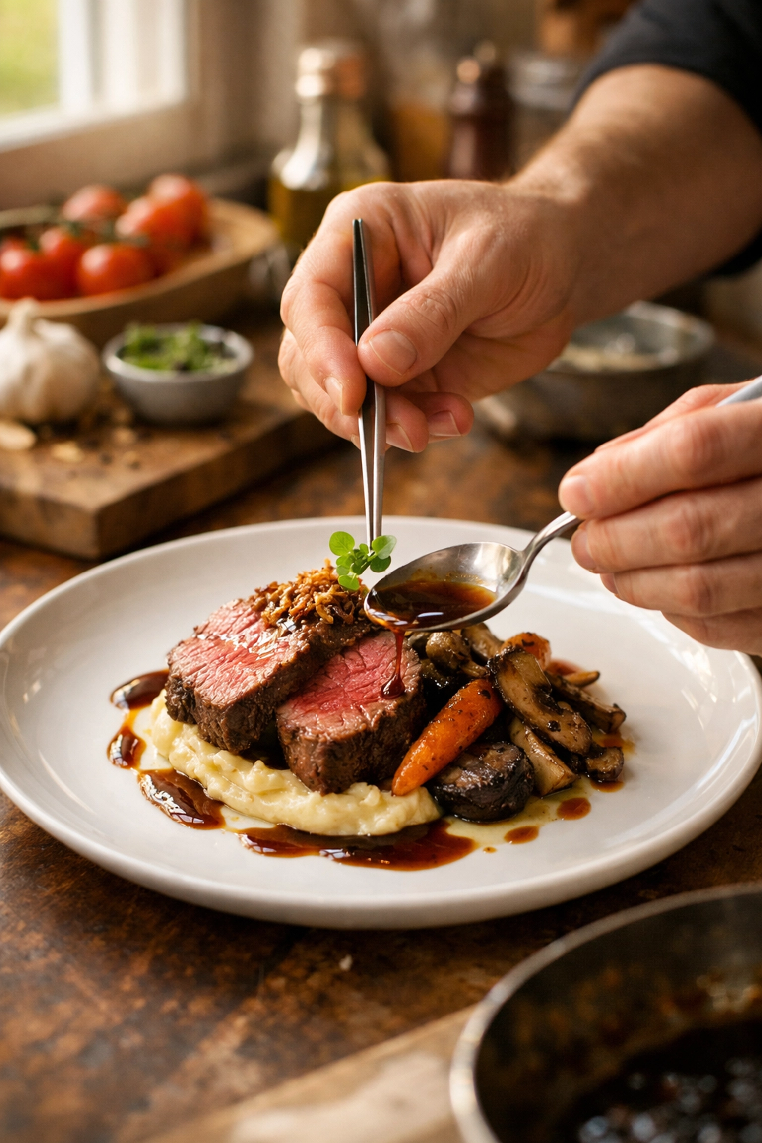 Private chef plating beef filet dinner with fresh ingredients in home kitchen