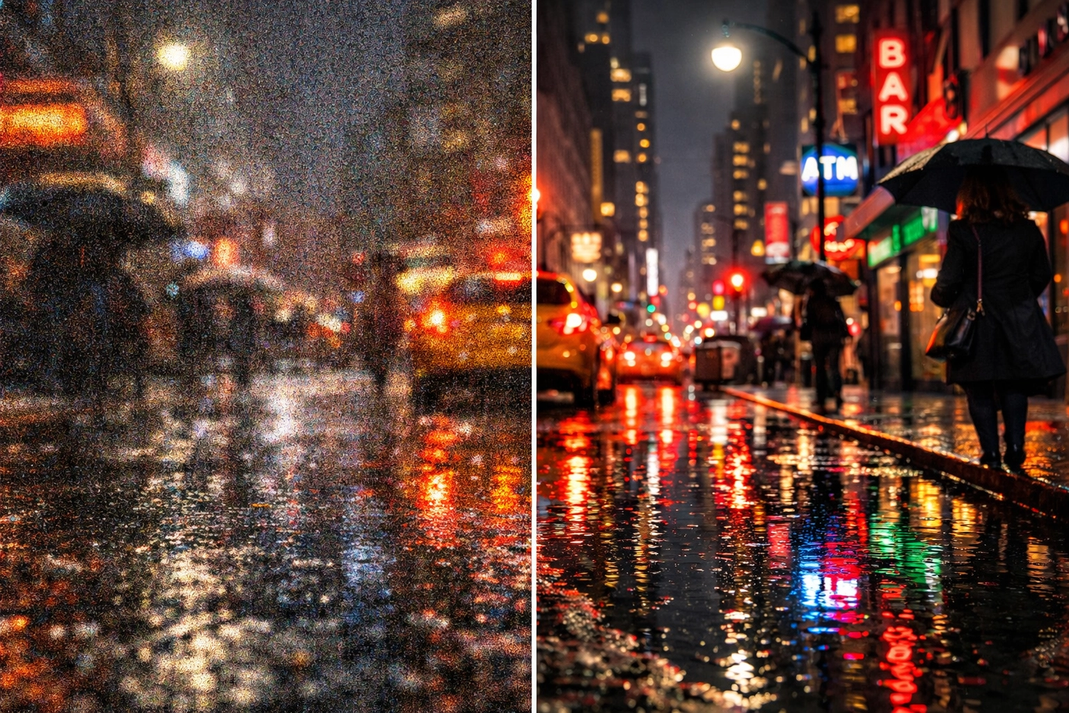 Split-view comparison showing AI denoising transforming a grainy night street photo into a clear image.