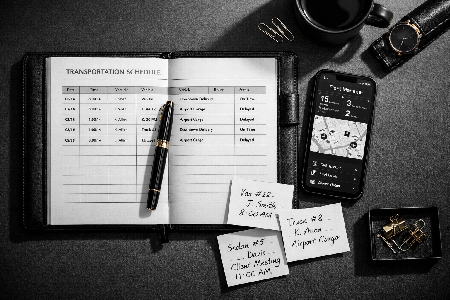 Event planning desk with transportation schedule for booking multiple luxury vehicles