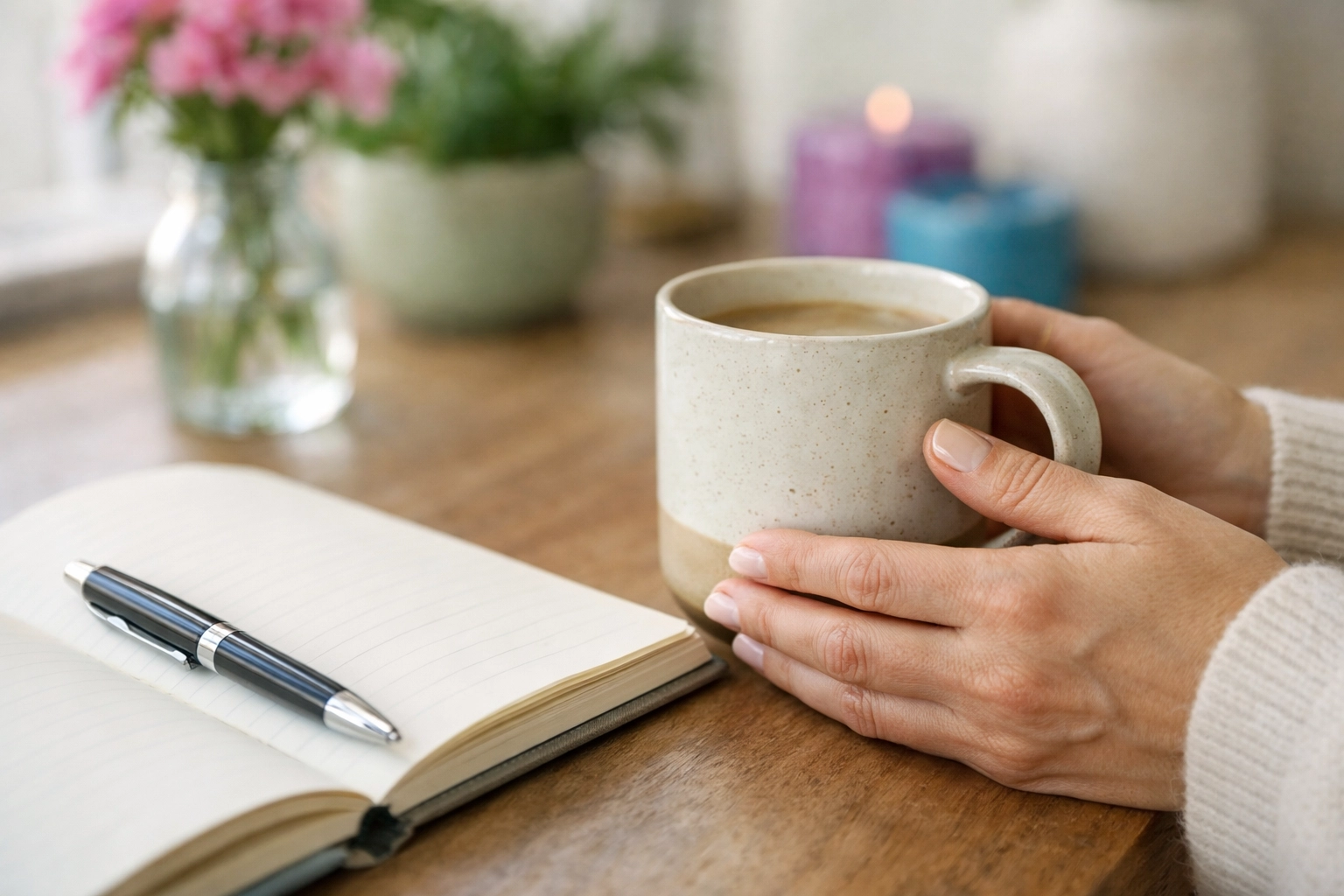 Hands holding a coffee mug beside a journal, showing a gentle reset and self trust coaching habits.